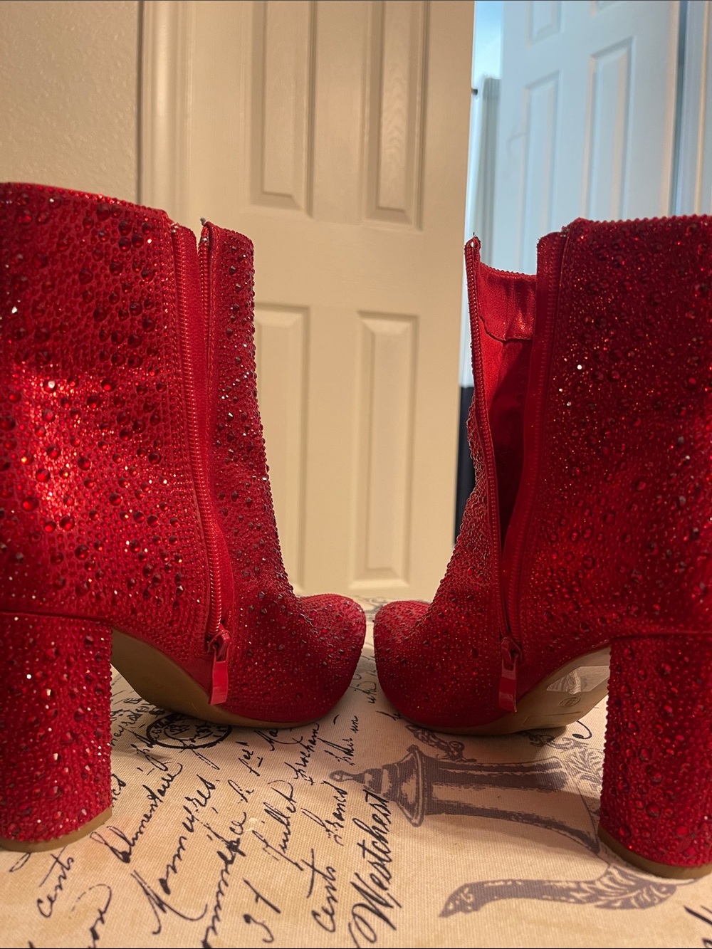 Red Crystal-Studded Pointed Ankle Boots - Picture 5 of 5